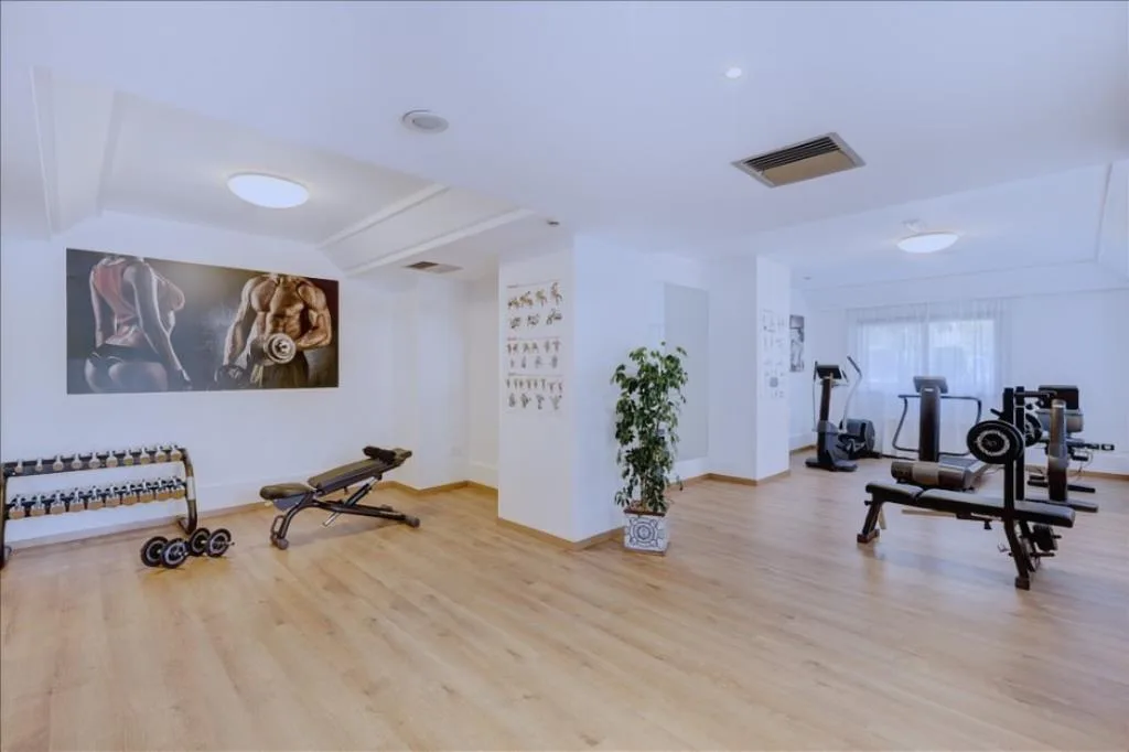 Sala fitness con pesi, panche, attrezzi cardio e pavimento in parquet chiaro