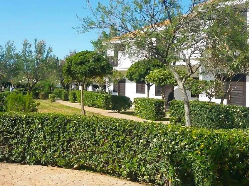 Giardino curato con siepi, alberi e vialetto pedonale tra gli edifici bianchi