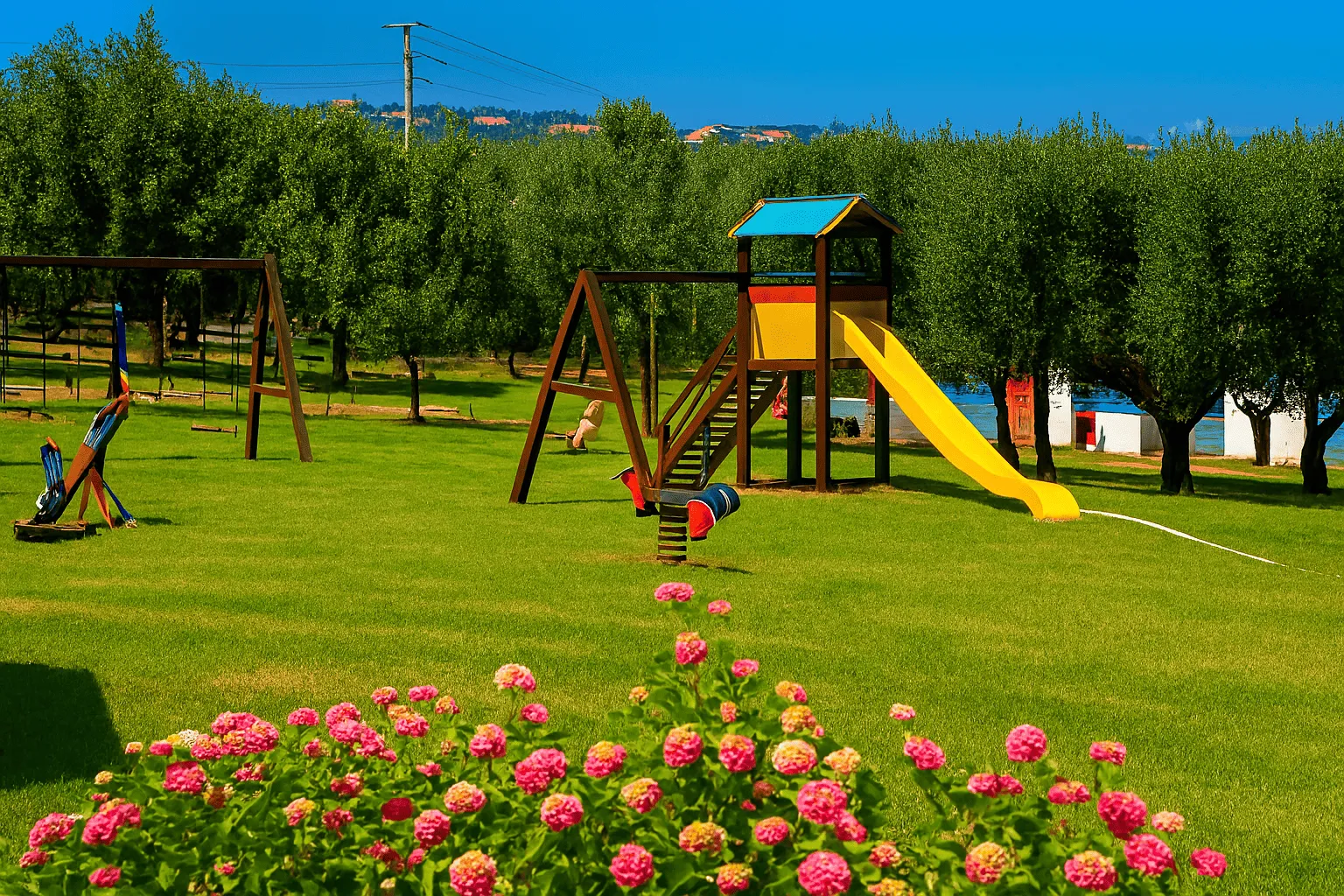 Area giochi per bambini con scivolo e altalene nel prato fiorito