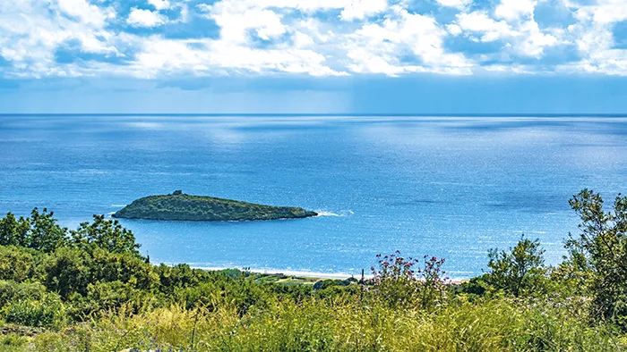 Panorama dall'alto con vegetazione verde, isolotto nel mare azzurro e cielo nuvoloso