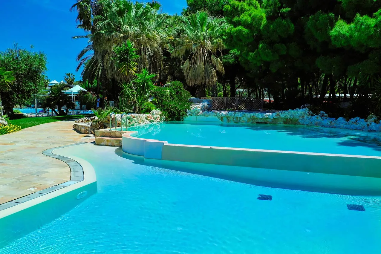 Piscina laguna con bordi curvi immersa tra palme e pini