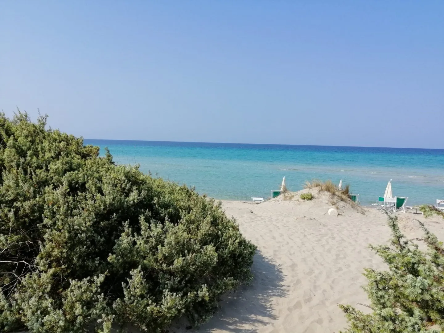 Spiaggia sabbiosa con dune, vegetazione e mare cristallino turchese