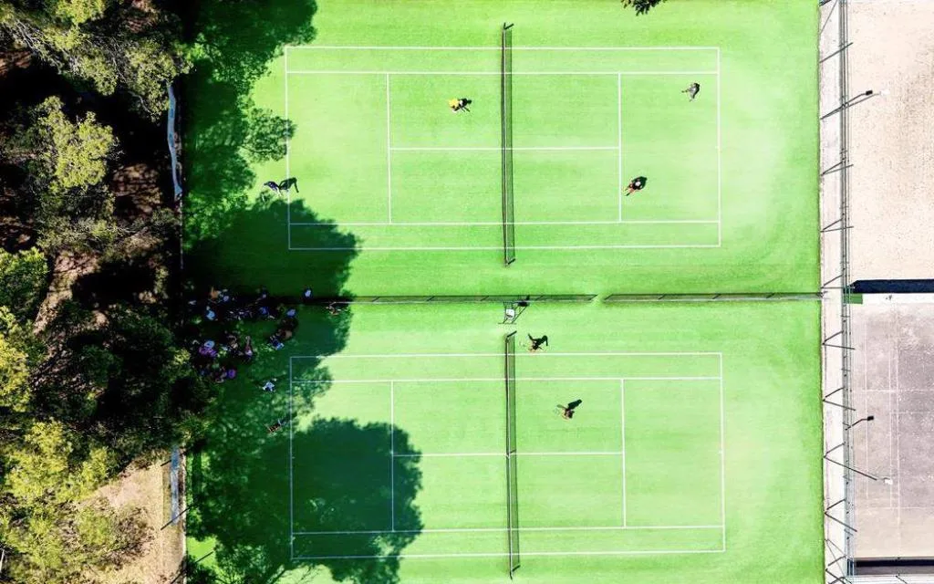 Veduta aerea di due campi da tennis in erba con giocatori