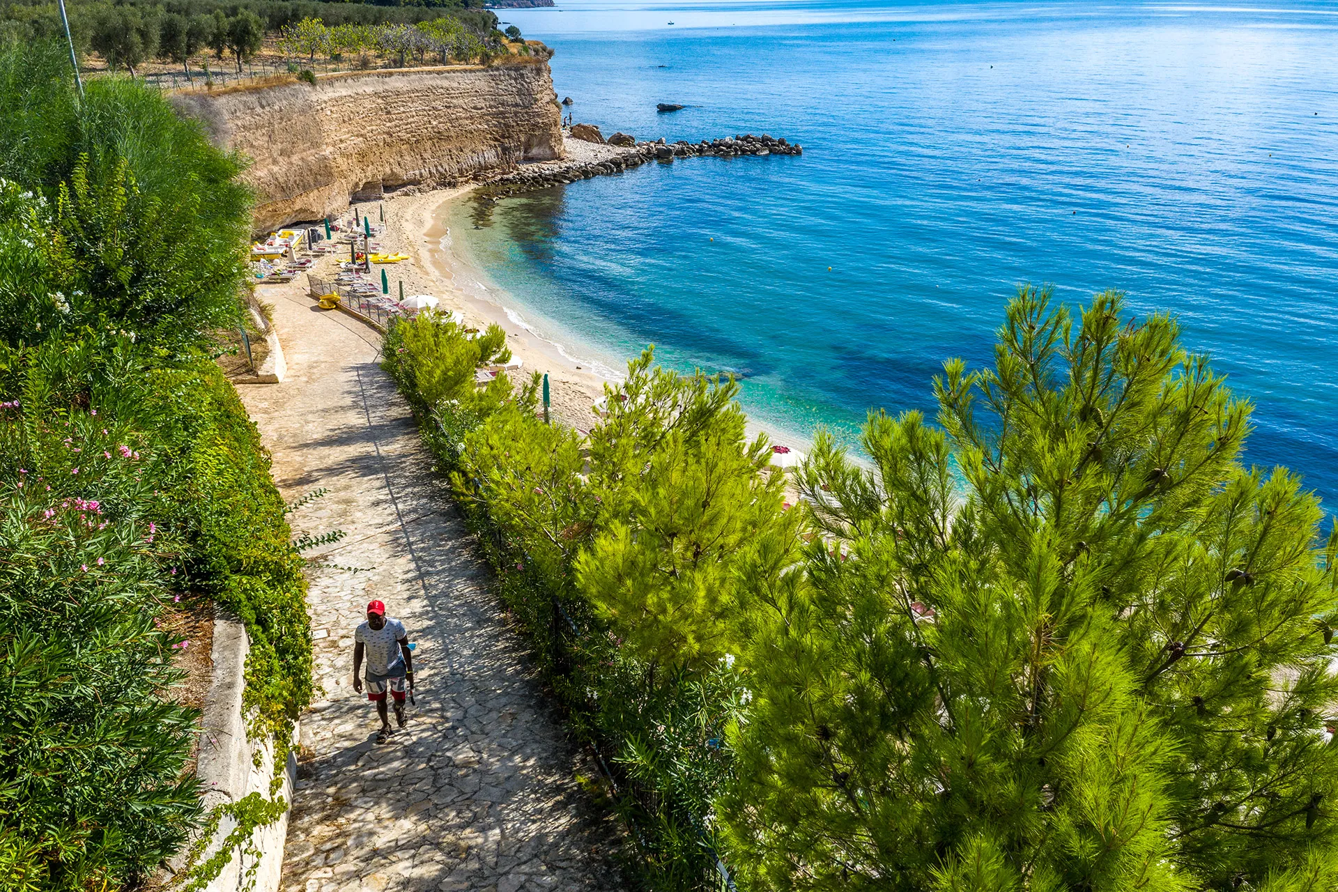 Sentiero panoramico tra la vegetazione che conduce alla spiaggia con mare turchese