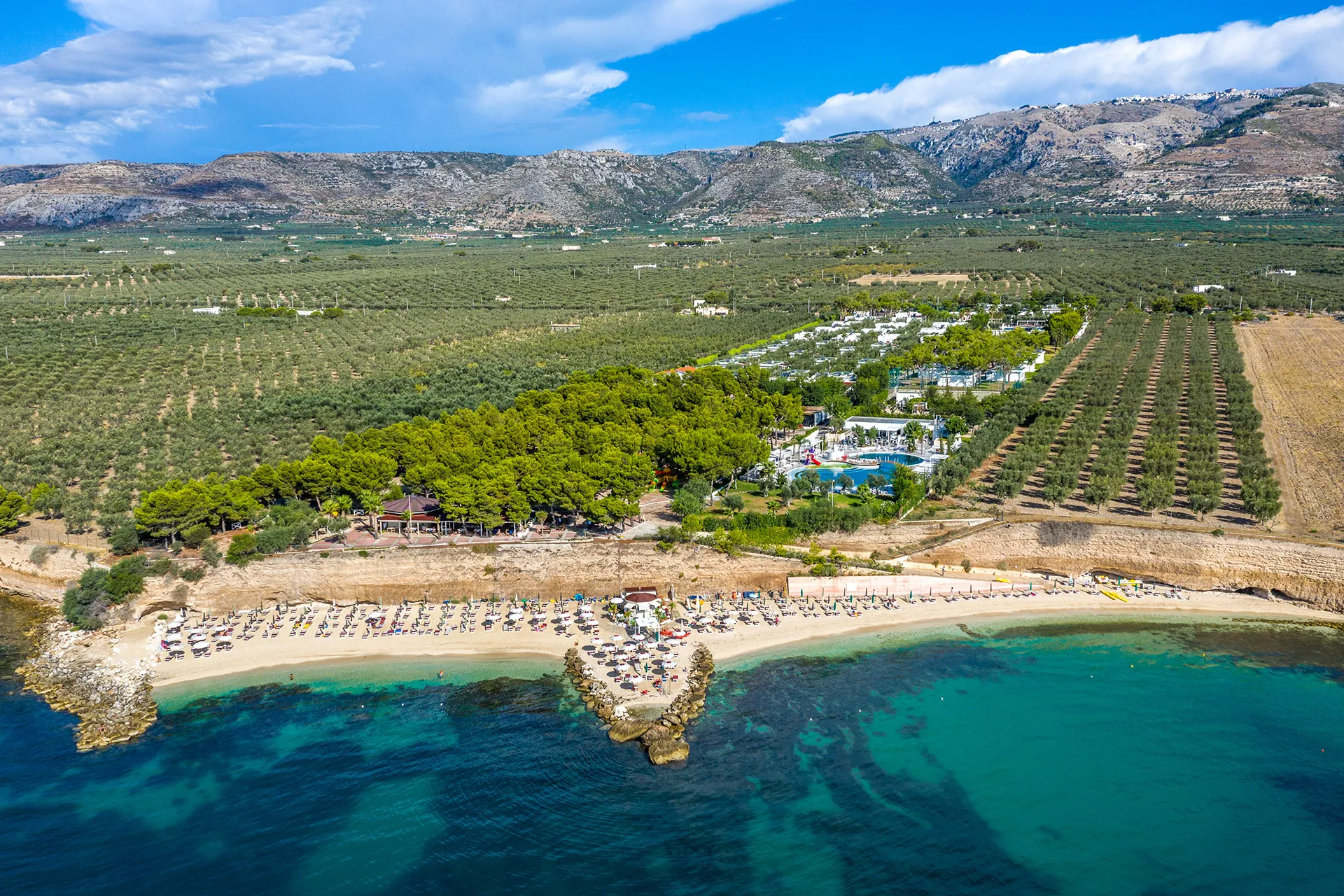 Panoramica aerea del resort con piscina, spiaggia e mare circondato da uliveti e montagne
