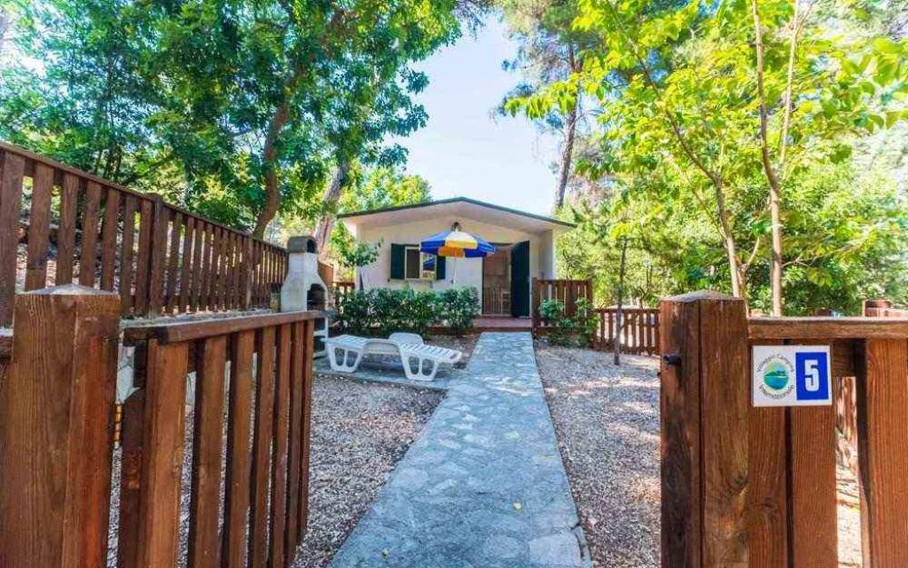 Esterno del bungalow immerso nel verde con vialetto, sdraio e ombrellone