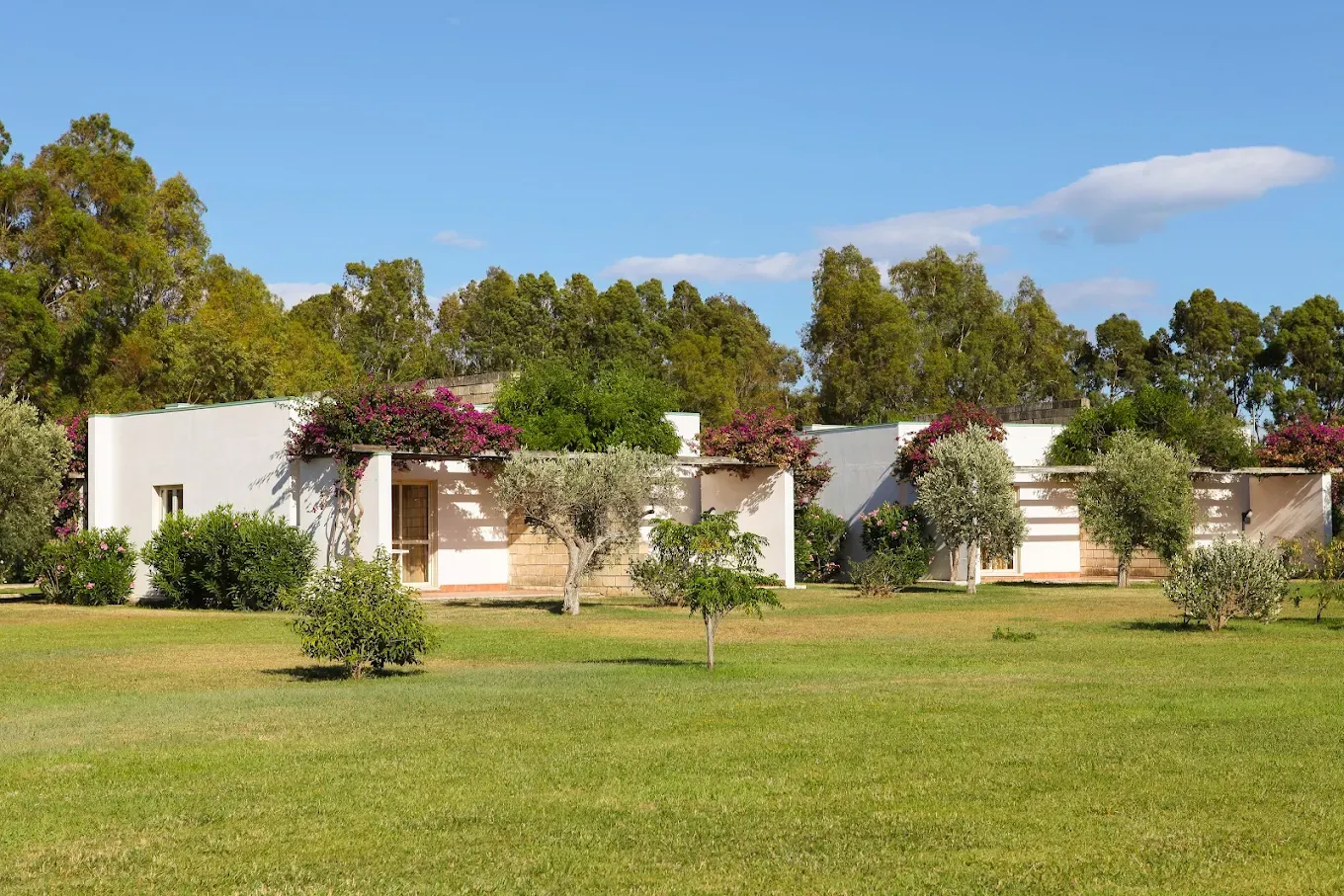 Esterno dei bungalow bianchi del resort immersi nel verde con bouganville