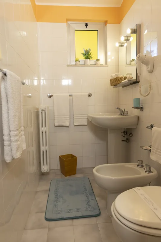 Bagno con piastrelle bianche, lavabo, bidet, sanitari e finestra con piante