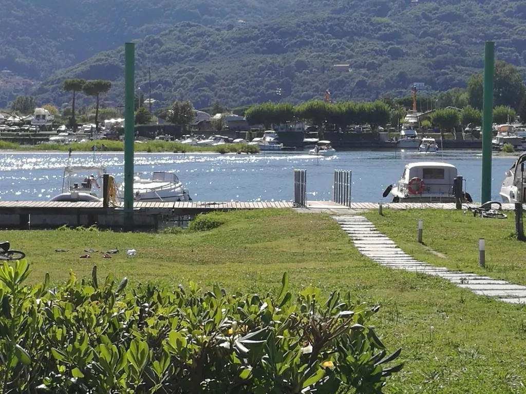 Veduta su un porticciolo con barche ormeggiate, prato verde e colline boscose sullo sfondo