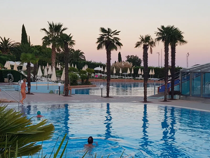 Piscina circondata da palme al tramonto con bagnanti