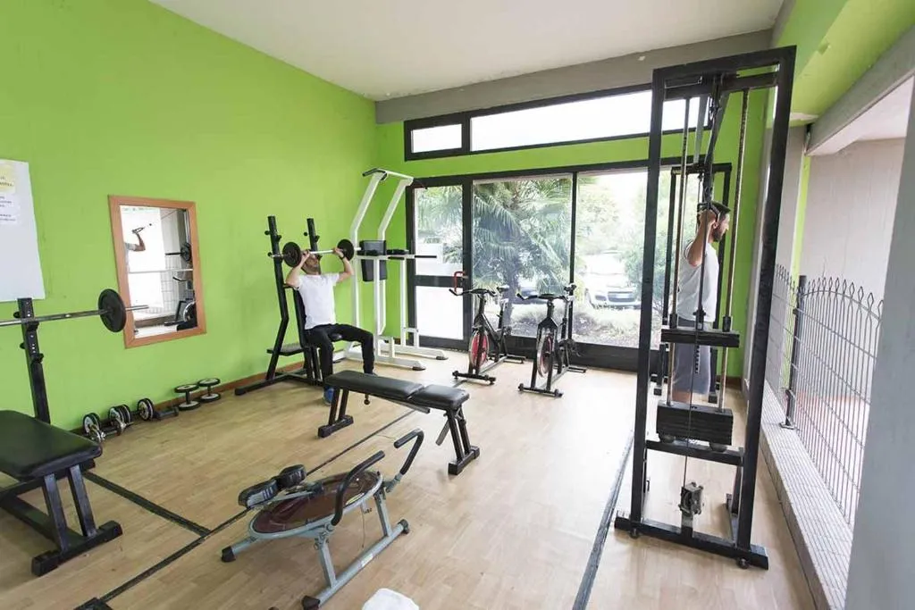 Sala fitness con pareti verdi, attrezzi per il sollevamento pesi e cyclette