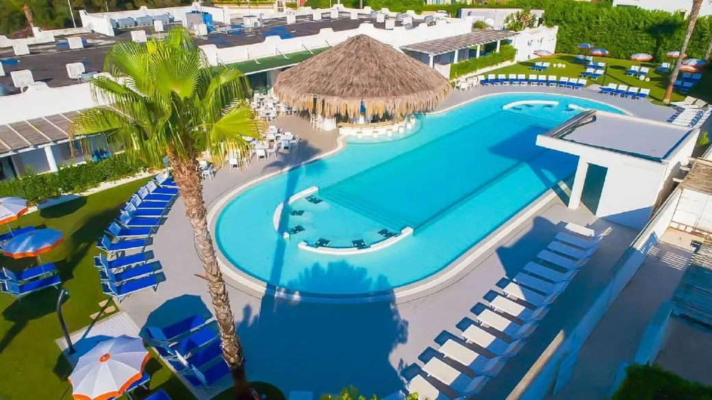 Vista aerea della piscina con ombrellone in paglia, lettini blu e palma in primo piano