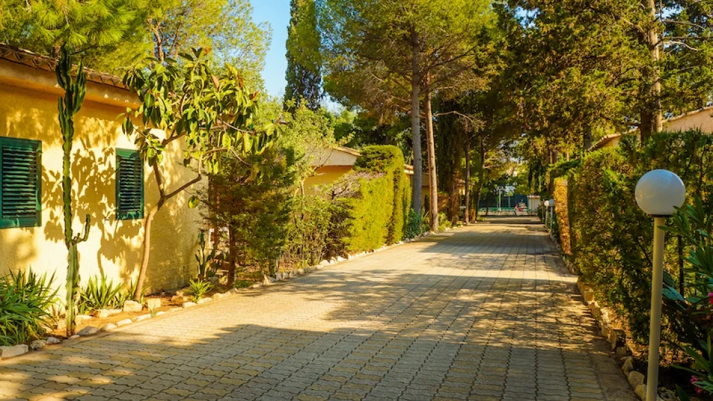 Vialetto interno pavimentato circondato da alberi e bungalow