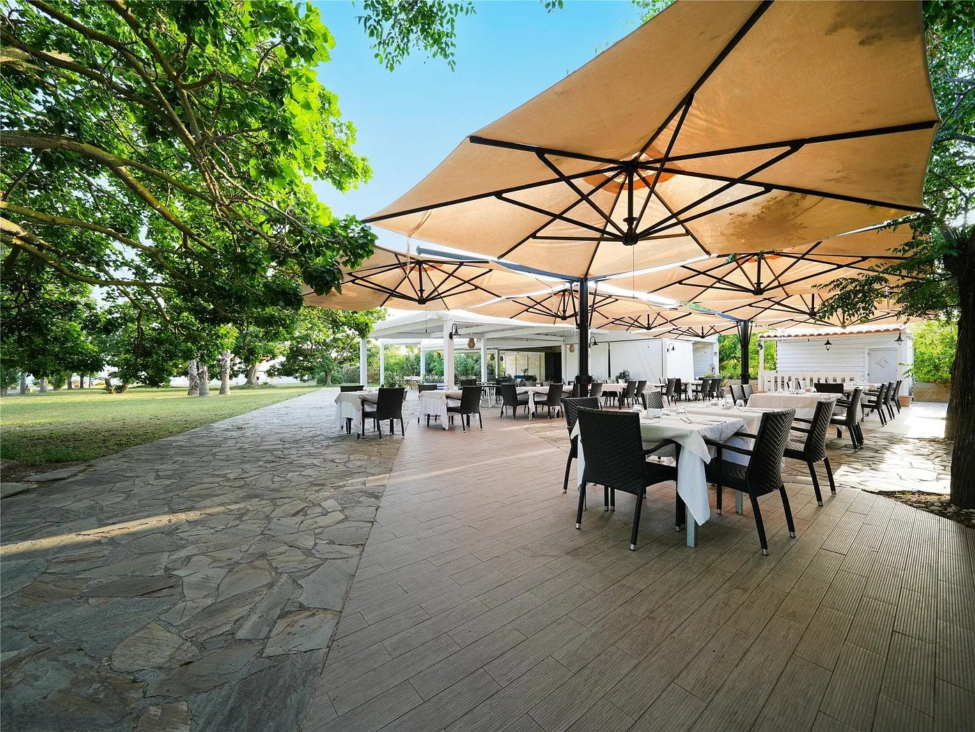 Ristorante all'aperto con tavoli e ombrelloni tra gli alberi