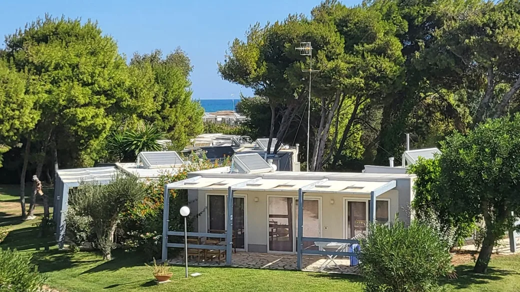 Casette con verande bianche immerse nel verde tra pini con mare sullo sfondo