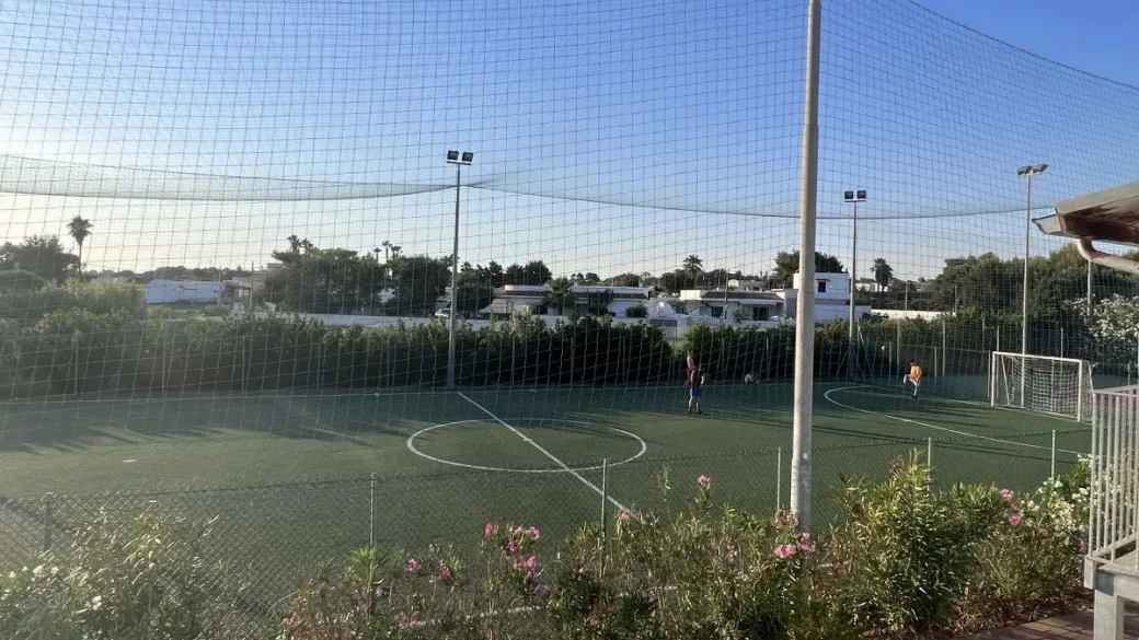 Campo da calcetto in erba sintetica con recinzione e vegetazione