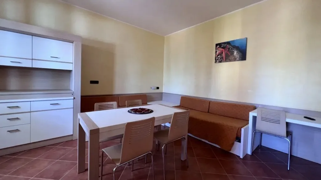 Soggiorno di appartamento con angolo cottura, tavolo e divano letto
