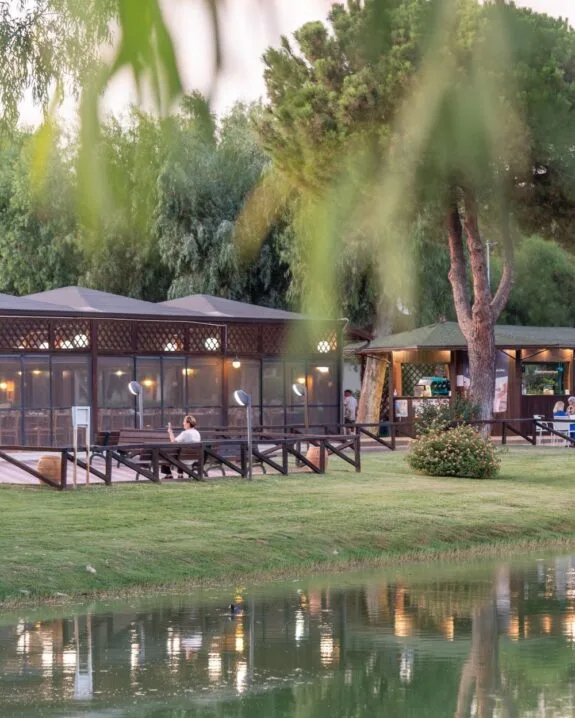 Parco con lago e riflessi, panchina con persona seduta, alberi e struttura in legno illuminata sullo sfondo al tramonto.