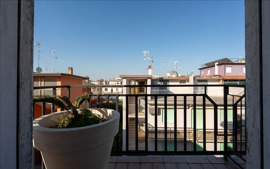 Vista dal balcone su tetti e case circostanti con cielo azzurro e vaso di piante