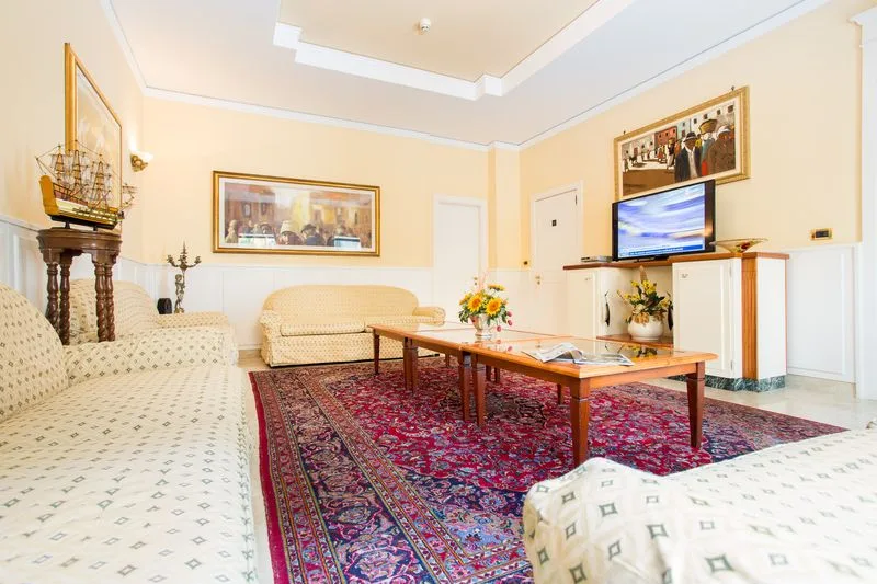 Sala soggiorno elegante con divani, tappeto persiano e TV