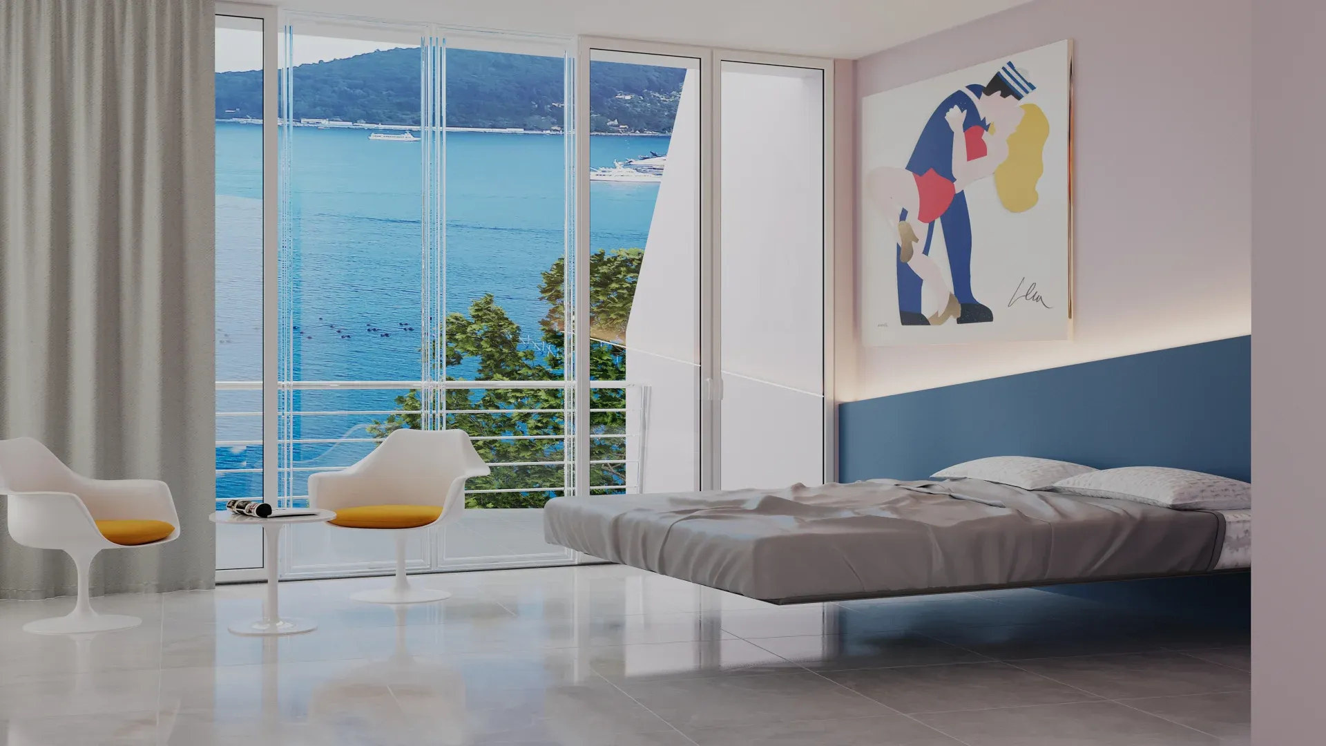 Camera di design con letto sospeso, poltrone bianche e quadro sopra la testiera blu