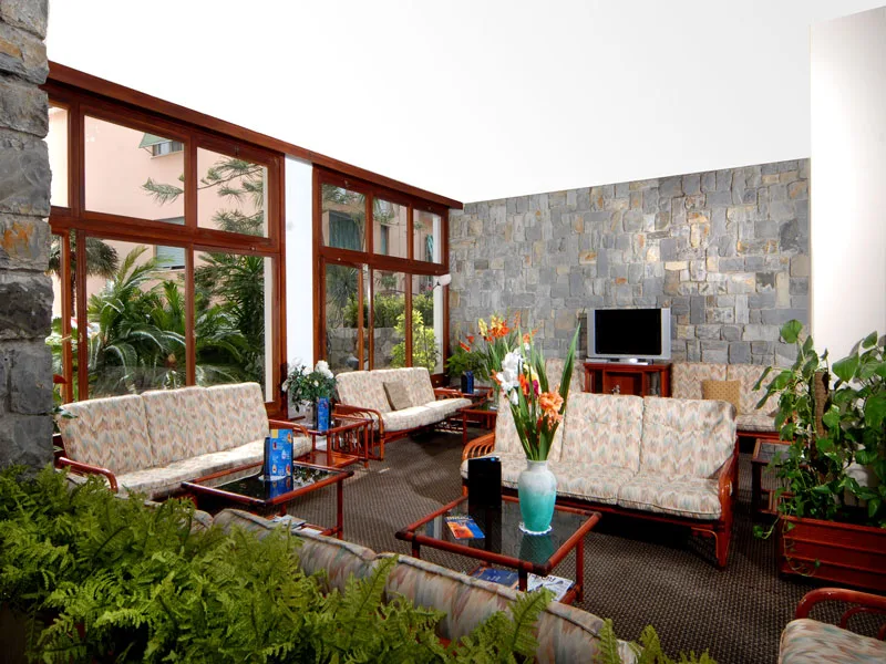 Salone soggiorno con divani imbottiti, parete in pietra, TV e ampie vetrate sul giardino