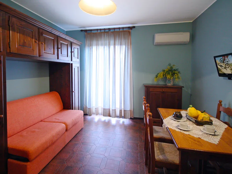 Soggiorno con divano arancione, mobile in legno e tavolo da pranzo con aria condizionata