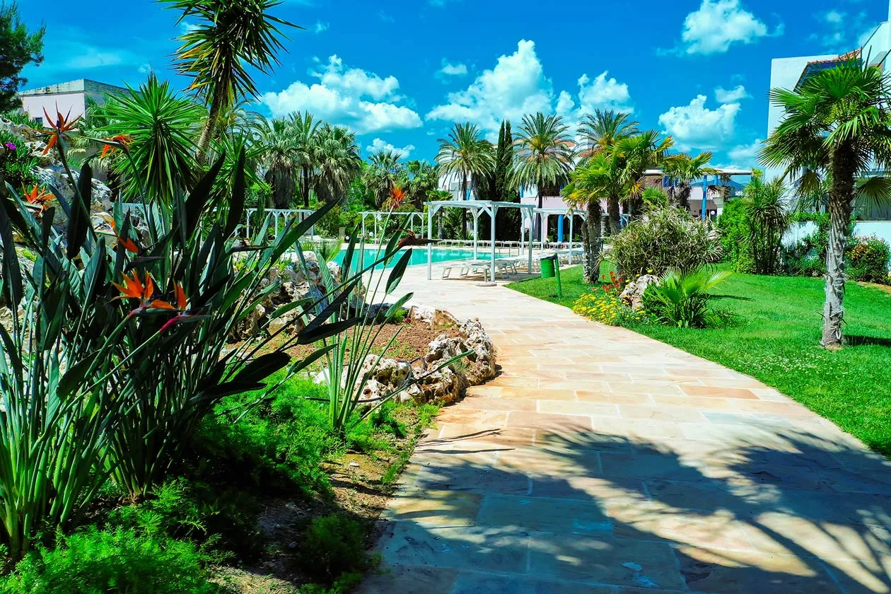 Vialetto in pietra tra giardino tropicale con palme e piscina del resort
